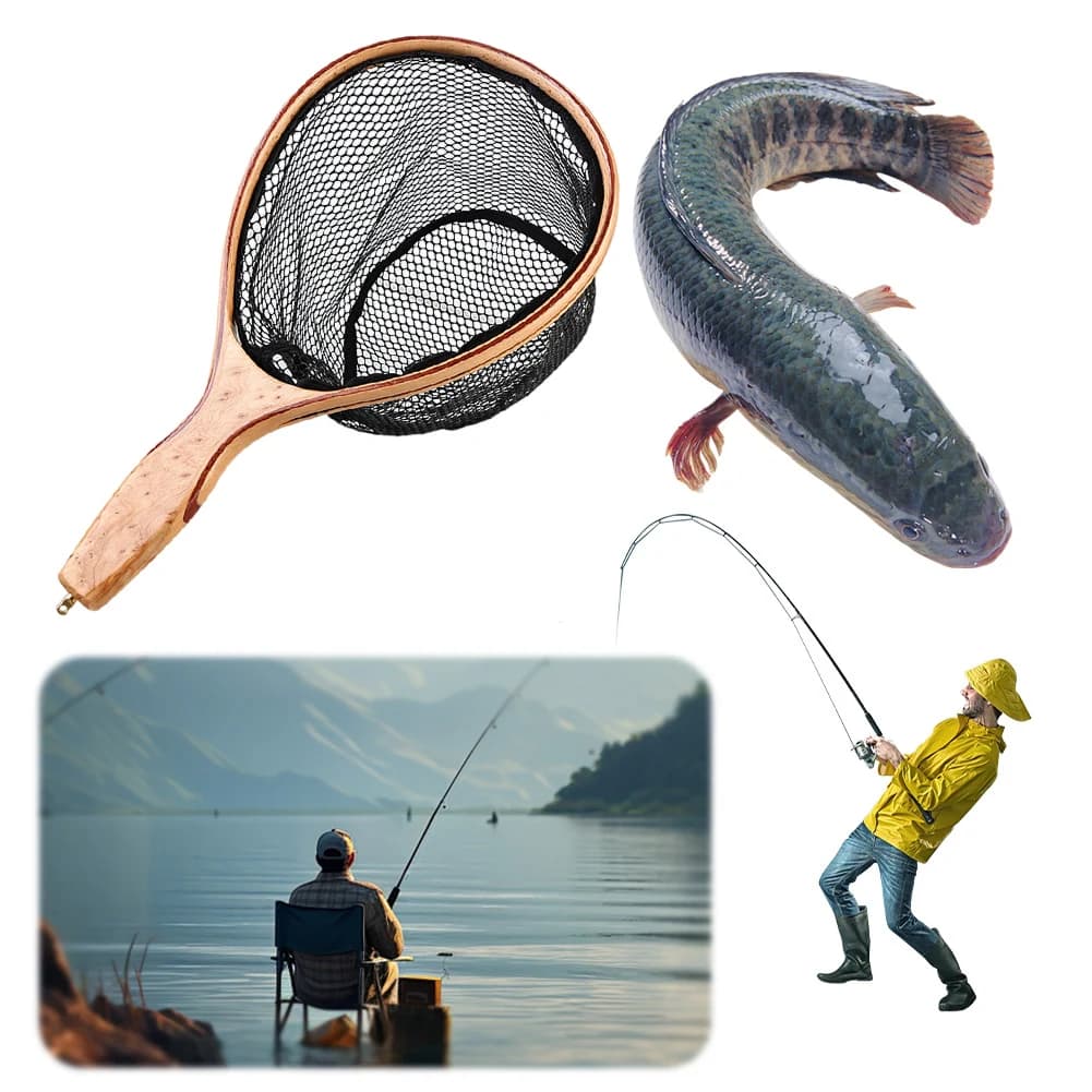 Rete da Pesca con Manico in Legno, Rete Morbida in Gomma per Cattura e Rilascio, Rete Galleggiante, Accessori per la Pesca