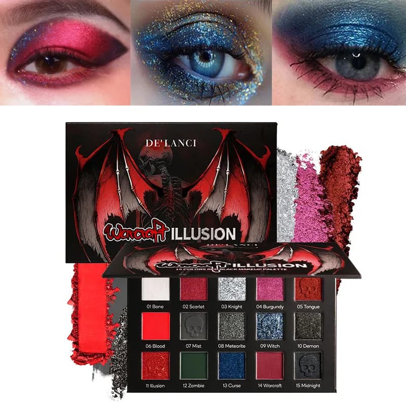 DE'LANCI Palette Ombretti Gotici 15 Colori, Opachi e Glitterati, Nero Rosso Smoky, Fine Flash, Alta Pigmentazione, Lunga Durata, Vegano, per Halloween