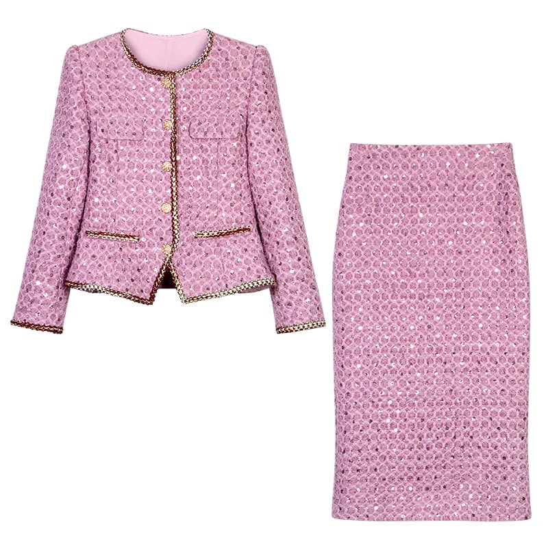 New fashion temperament celebrity heavy industry sequin dress small fragrance style peony ultraviolet jacket + skirt suit