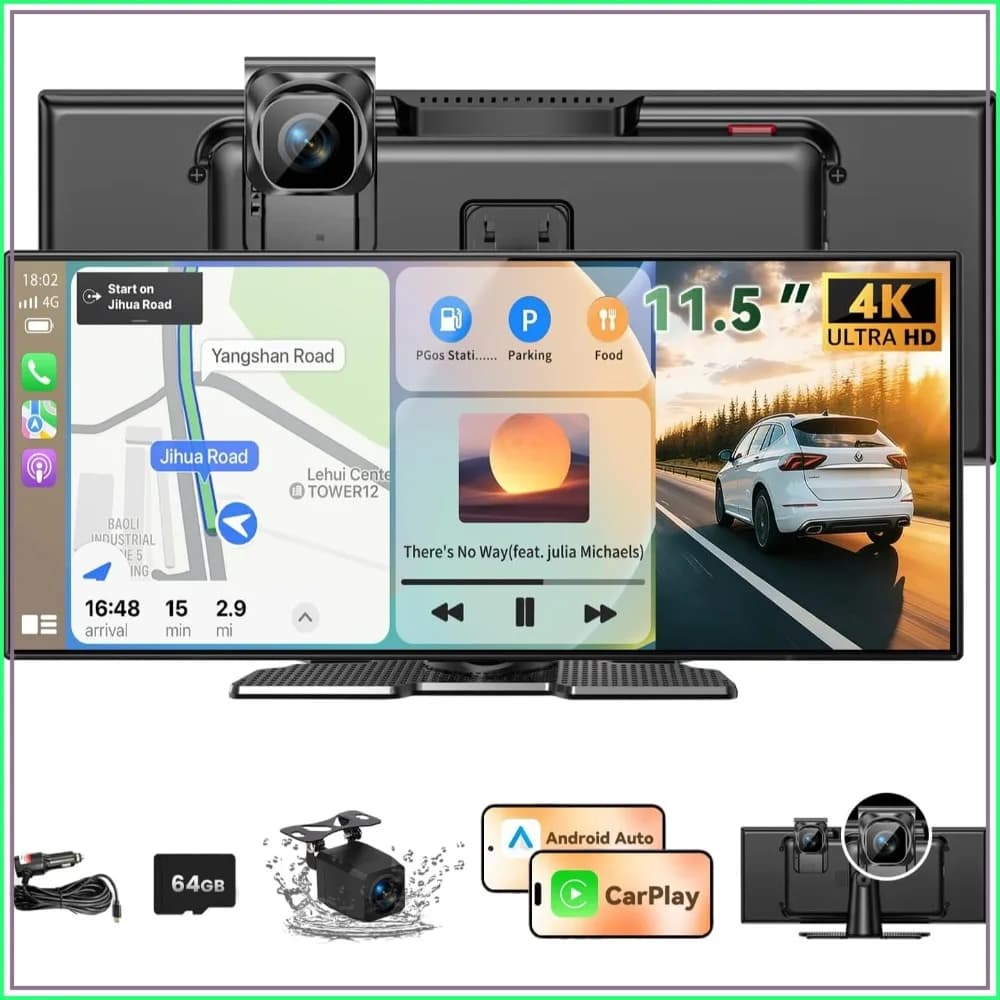 11.5" Wireless CarPlay Screen with 4K Dash Cam & 1080P Backup Camera, HD Touchscreen, Navigation, Bluetooth, Voice Control, FM, Mirror Link for All Vehicles