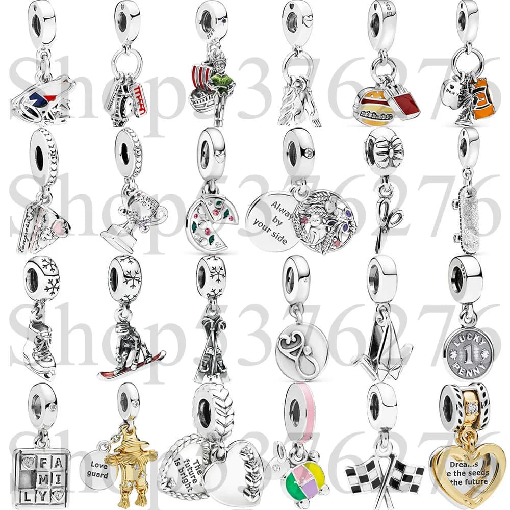 Sterling 925 Sterling Silver Pendant with Snowboard Patterns, Skiing, Skates, Pizza, Pasta, for Women's Bracelets, Gift, Jewelry Make by You