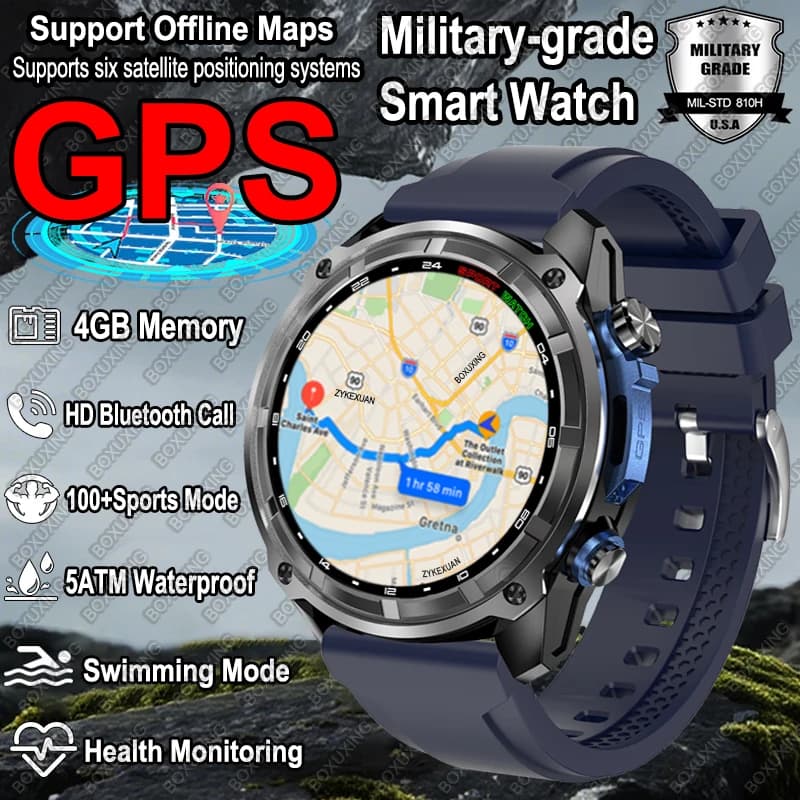 Nuovo GPS Militare Astuto Della Vigilanza Degli Uomini Mappe Offline 4GB di Memoria 5ATM Bussola Impermeabile Lettore Video 860 mAh Nuoto Sport Smartwatch