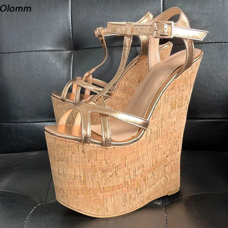 Olomm New Women Platform Sandals Ultra High Wedges Heels Round Toe Pretty Gold Silver Cosplay Shoes Ladies US Plus Size 5-15