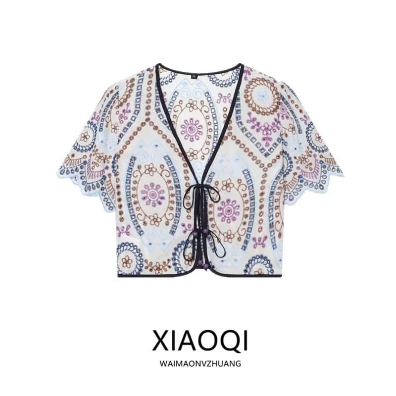 Summer 2026 Women's Short Sleeve V-neck Embroidered Hollow out Top Fashionable Versatile Shirt Straight Cut European Style