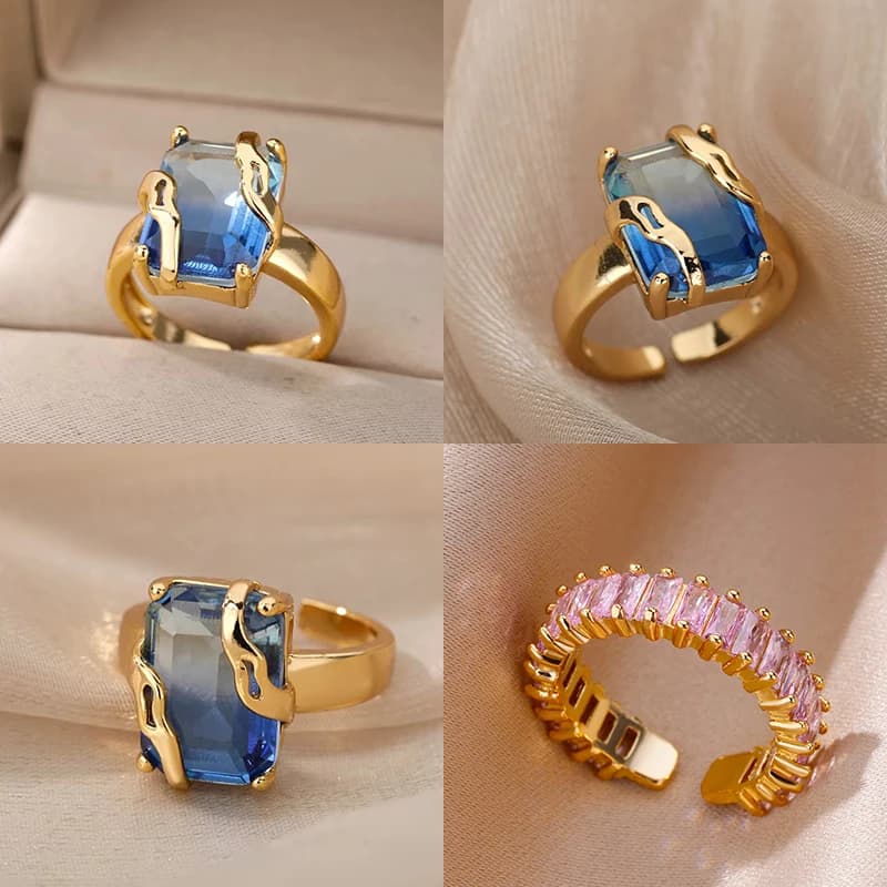 Anelli in pietra quadrata blu con zirconi cubici per le donne Anello da dito in pietra quadrata in acciaio inossidabile Regalo estetico per gioielli di San Valentino