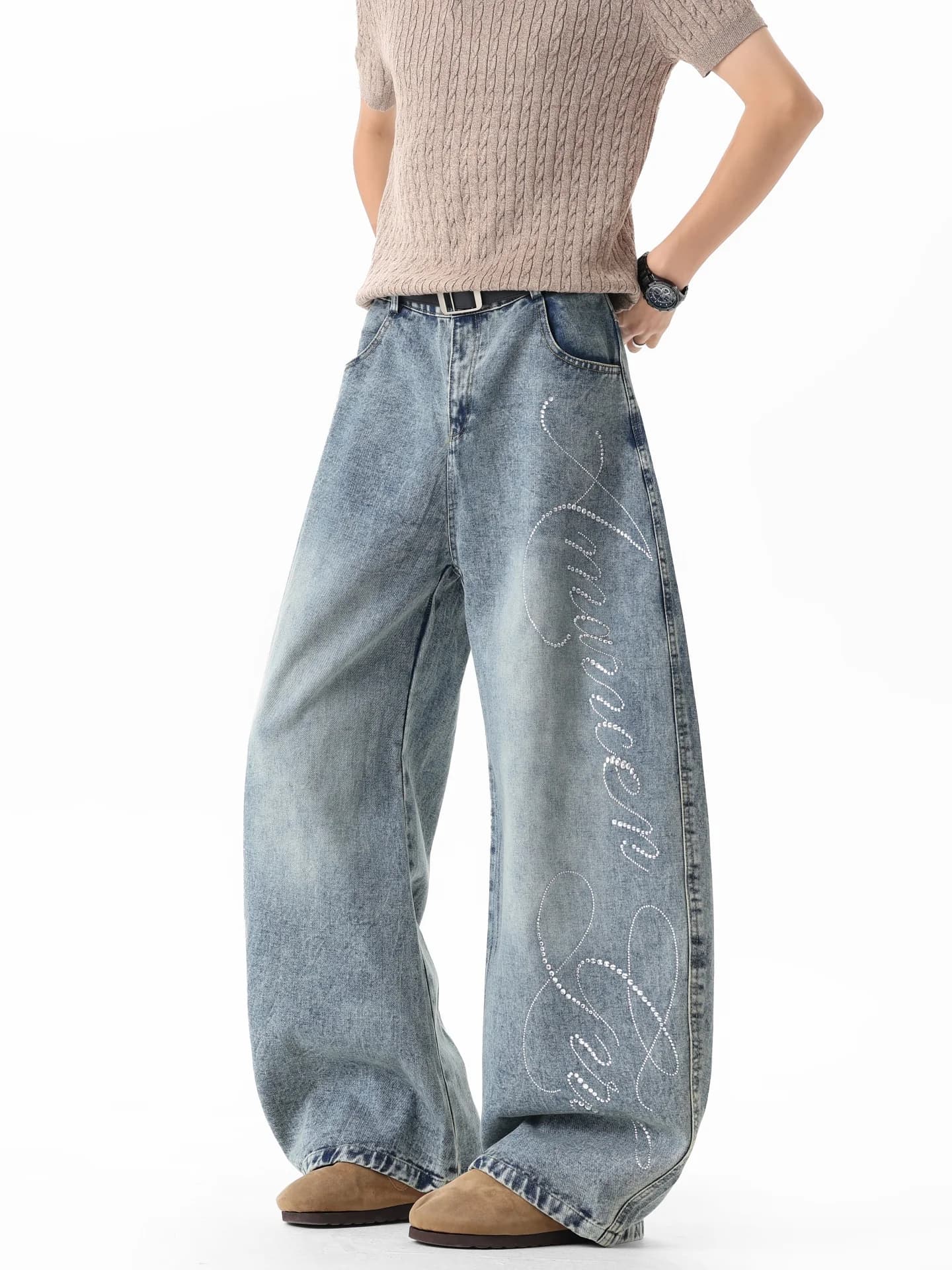 Trendy Brand Men's Wide Leg Jeans Knife Washed Letter Embroidery American Style Clean Fit Vintage Casual Straight Tube P...
