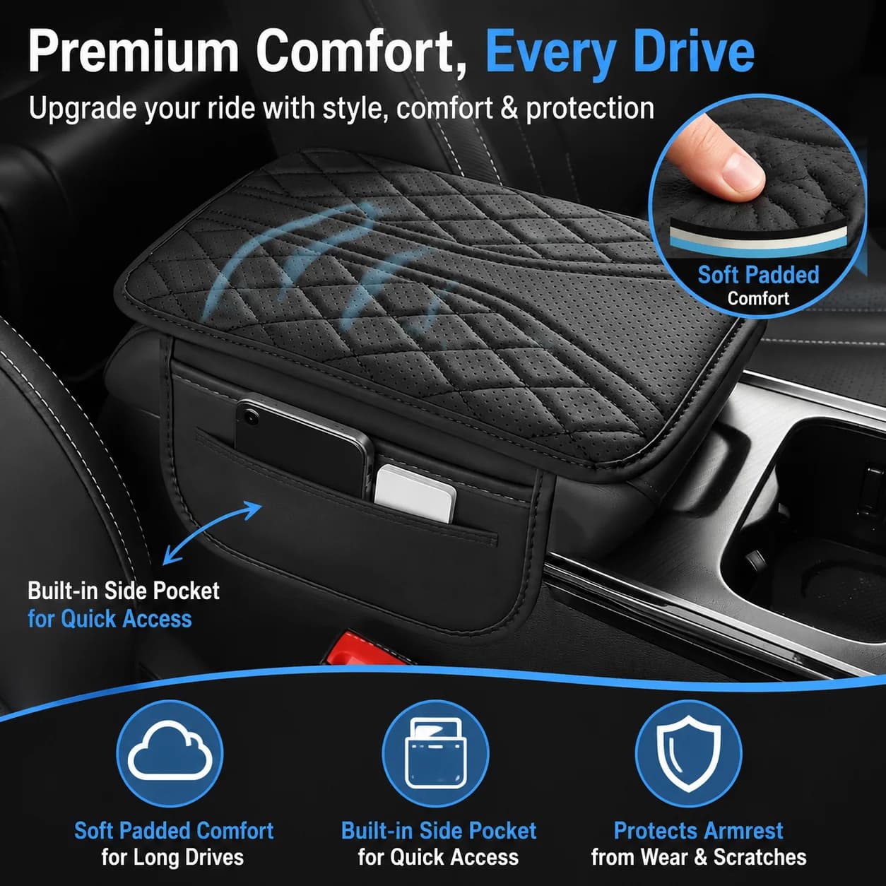 Universal Car Armrest Box Mat, Black PU Leather Armrest Cover with Storage Pocket, Comfortable Elbow Support Cushion for SUV/Tru