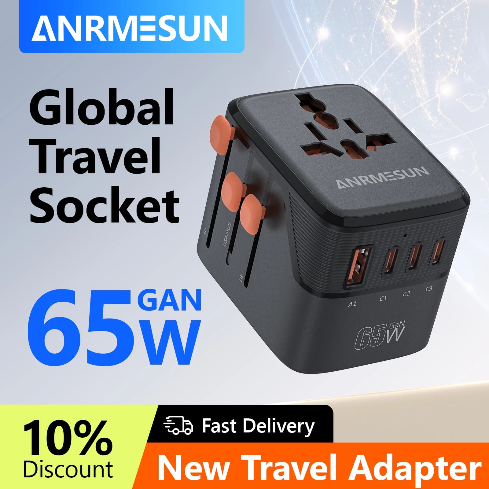 Spina da viaggio di conversione universale globale 2 prese di tipo C Adattatore da viaggio CA UE USA PD 65w 45w 25w Spina da viaggio Ricarica rapida
