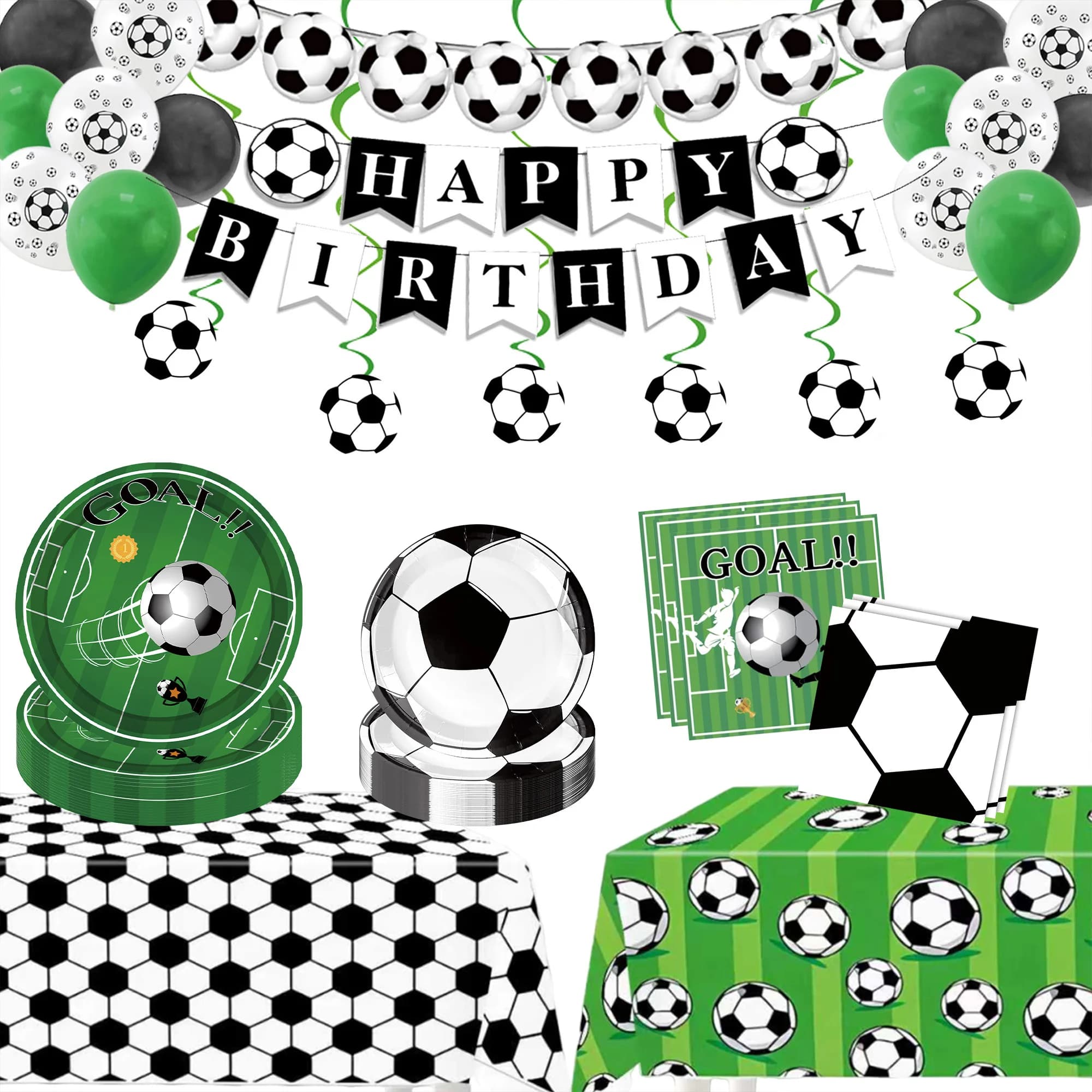 Set di Stoviglie per Festa a Tema Calcio da 129 Pezzi per 25 Ospiti, Decorazioni per Compleanno a Tema Calcio Include Piatti, Palloncini, Tovaglia e Striscione
