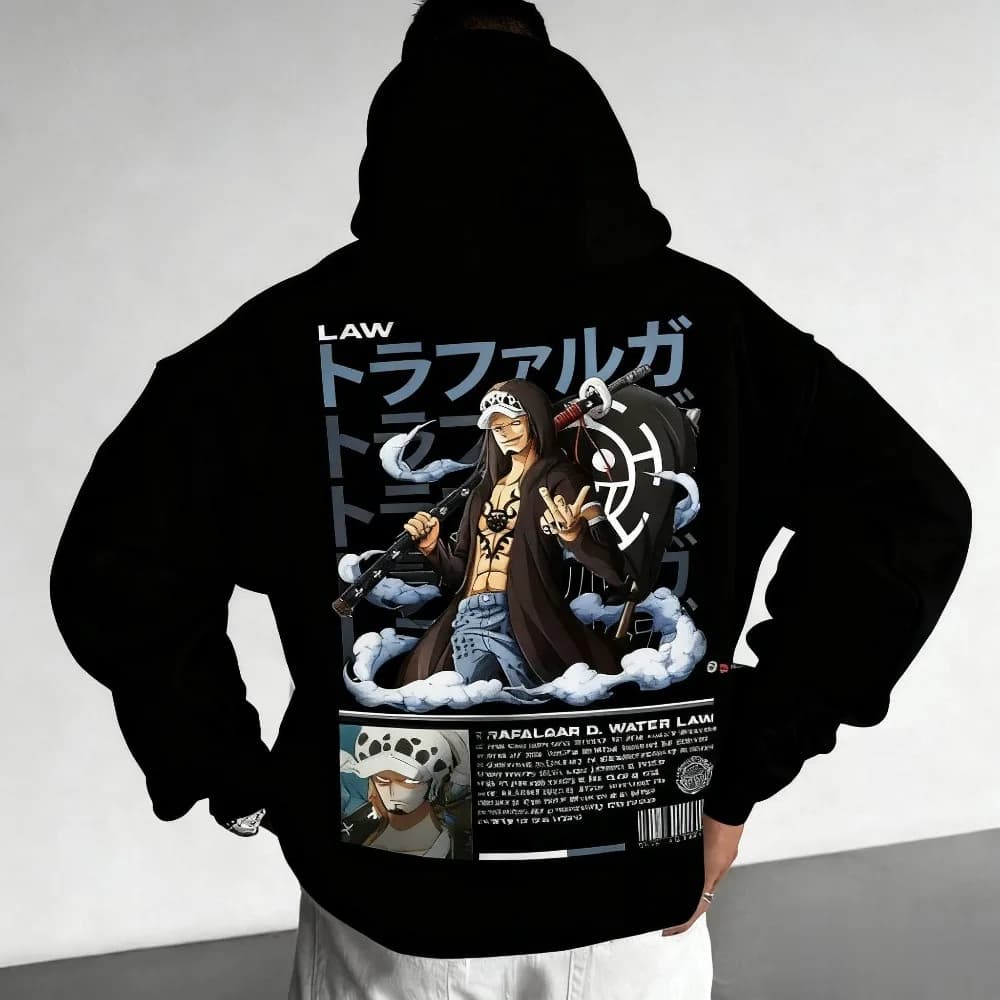 Trafalgar Law Felpa con cappuccio One Piece Anime Stampa grafica Pullover nero Uomo Casual Streetwear 2025 Nuova moda Autunno Inverno