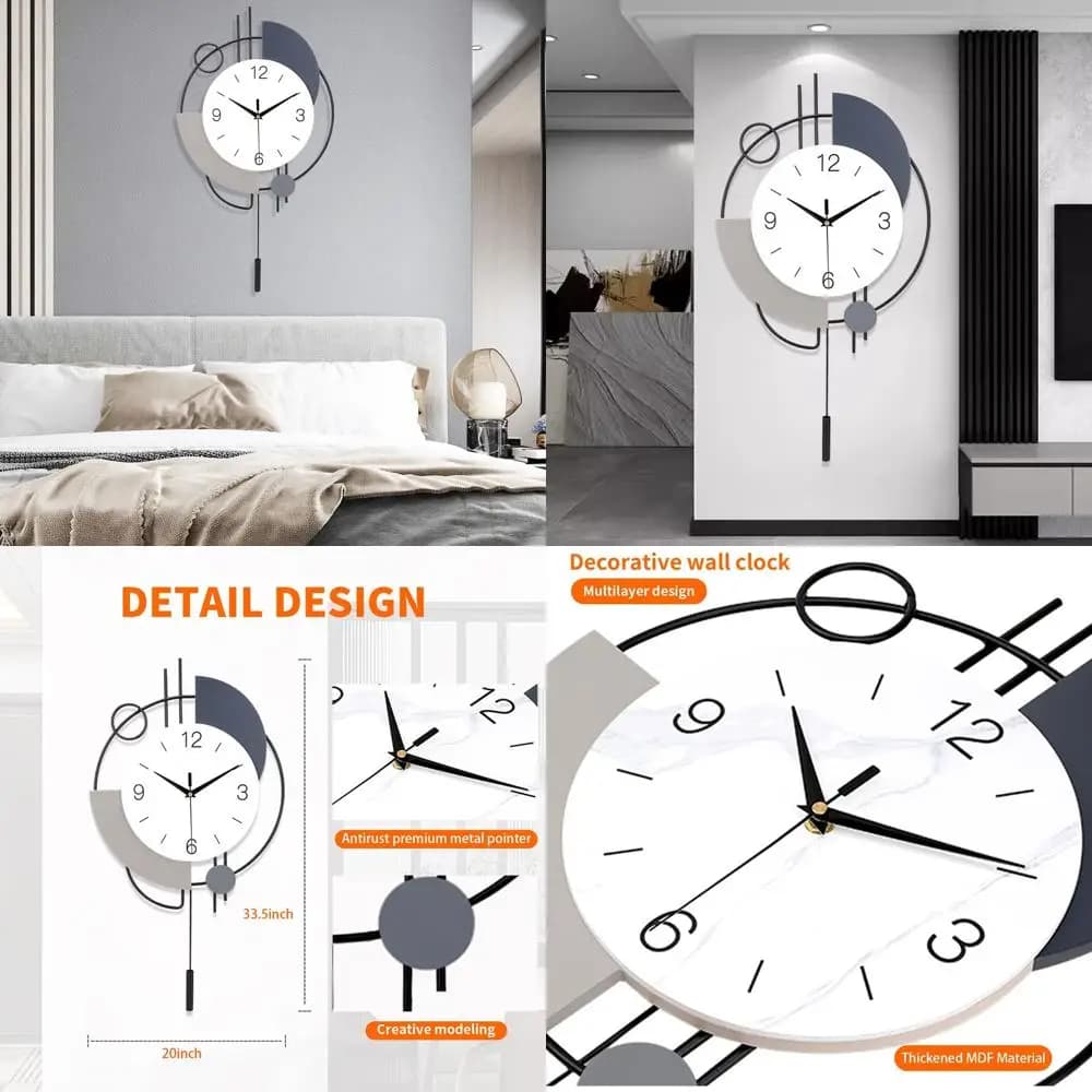 Battery-powered silent quartz wall clock, 20x33,5 inch, ideal for living room, kitchen, house and bathroom (Black)