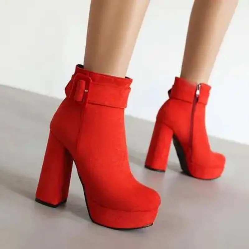 2025 Stivaletti da donna sexy Punta tonda Tacchi alti 12 cm Piattaforma Cerniera Cintura Fibbia Flock Pelle scamosciata Plus Size 45 46 Party Bota