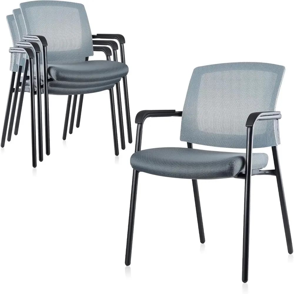 Sedia impilabile con schienale in rete, supporto lombare ergonomico e cuscino imbottito, set di 4, grigio
