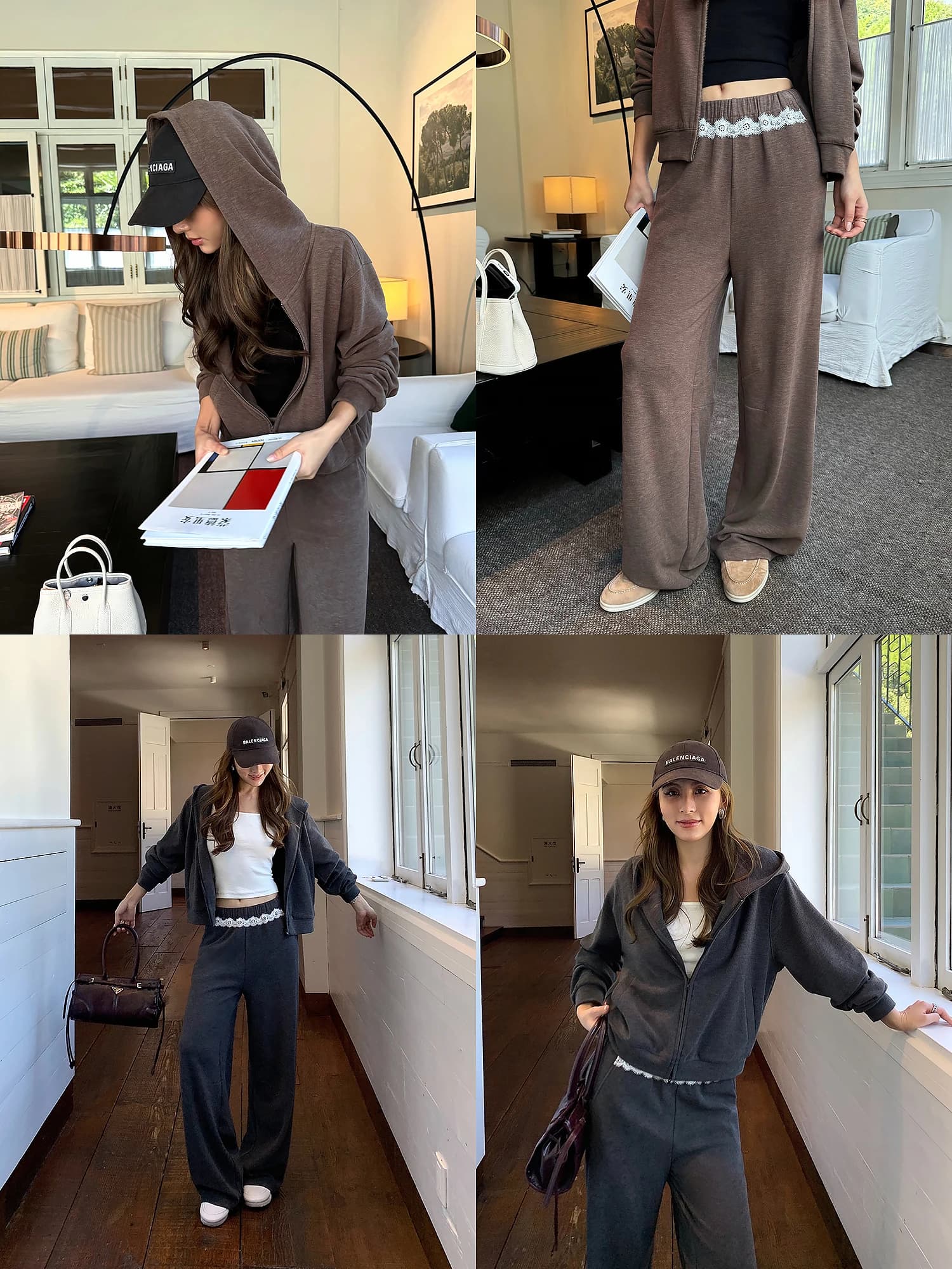 NEVA HU Set Donna con Felpa con Cappuccio, Giacca Corta con Zip e Pantaloni Casual, Collezione Autunnale alla Moda in Due Pezzi
