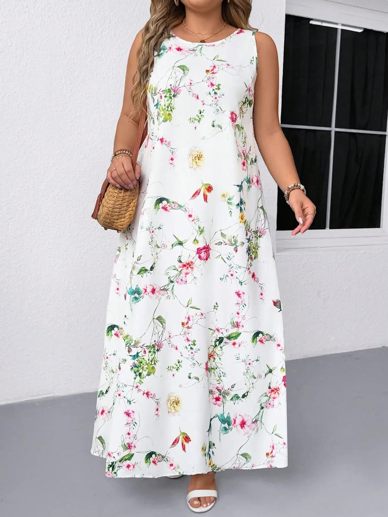 Abito lungo da donna senza maniche con stampa floreale, linea ad A, casual ed elegante, per vacanze estive