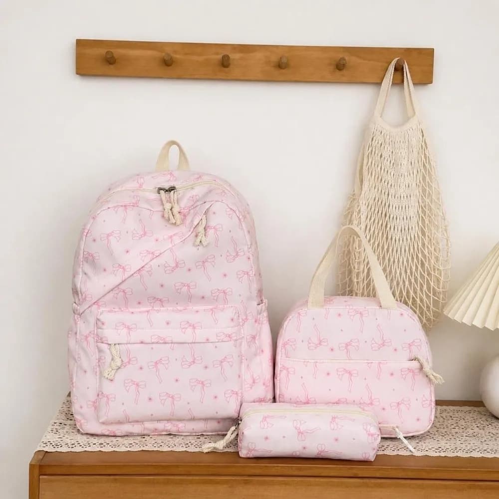 3PCS Bow Print Backpack,lunch Bag,Pencil Case Set Spacious Lightweight Schoolbag Set Portable Sweet Student Rucksack Set Campus