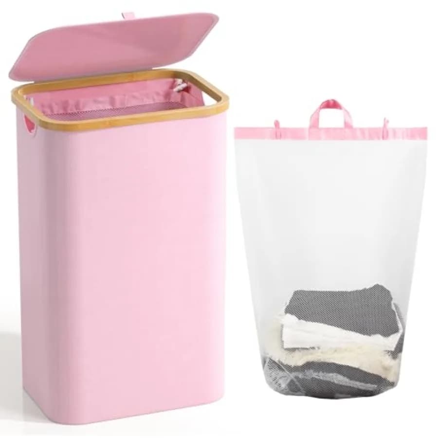 Laundry Hamper with Lid, Laundry Basket with Removable Bag, Large Dirty Clothes Hamper with Handle, Freestanding Bamboo Laundry