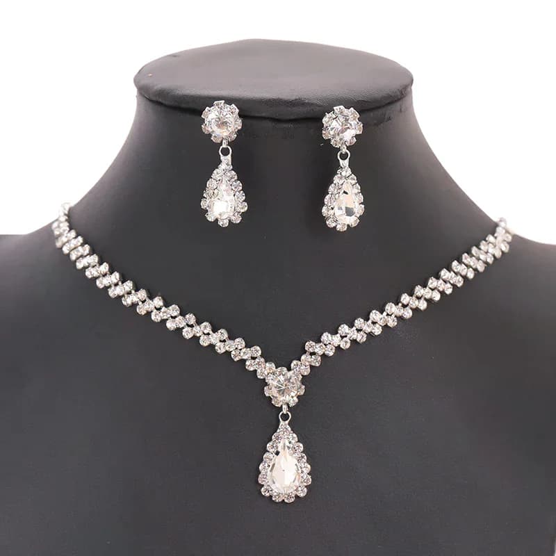 Women Wedding Light Luxury Jewelry Sets Accessories Fashion Simple Water Drop Crystal Rhinestone Necklace Earrings