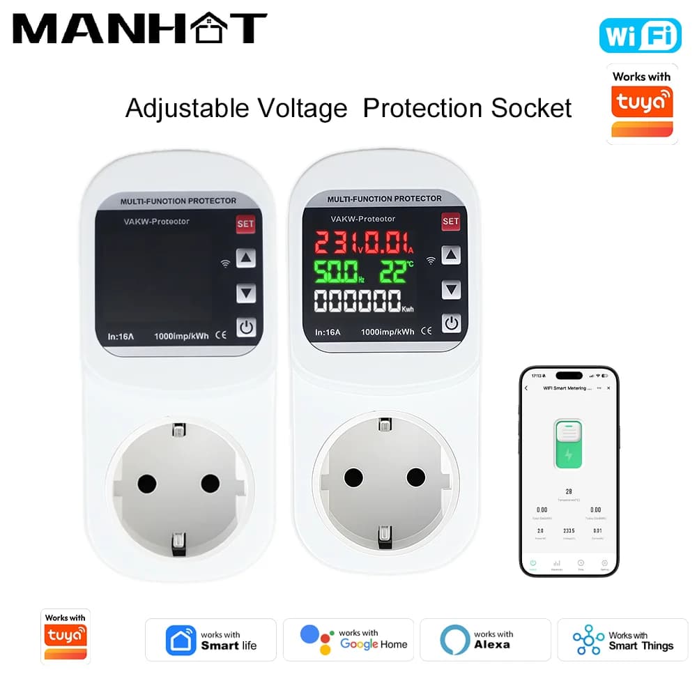 Smart WiFi Tuya 16A socket with Overvoltage and Overcurrent Protection, Timer Function, Vocal Control Compatible with Google Home, Alexa and Smartthing