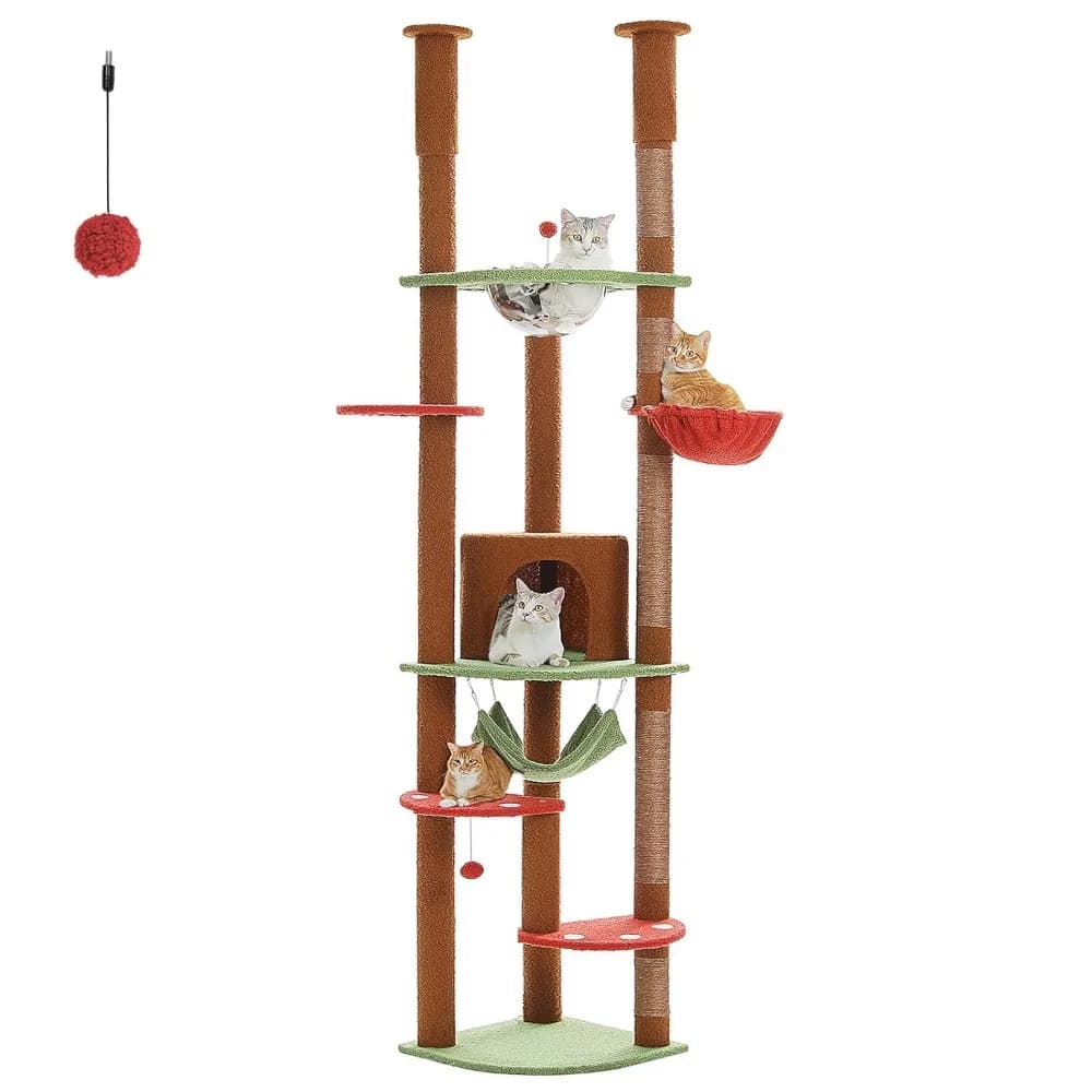 Torre per Gatti da Pavimento a Soffitto, Altezza Regolabile 236-258 cm, Struttura a Fungo per Arrampicata e Gioco, Personalizzabile