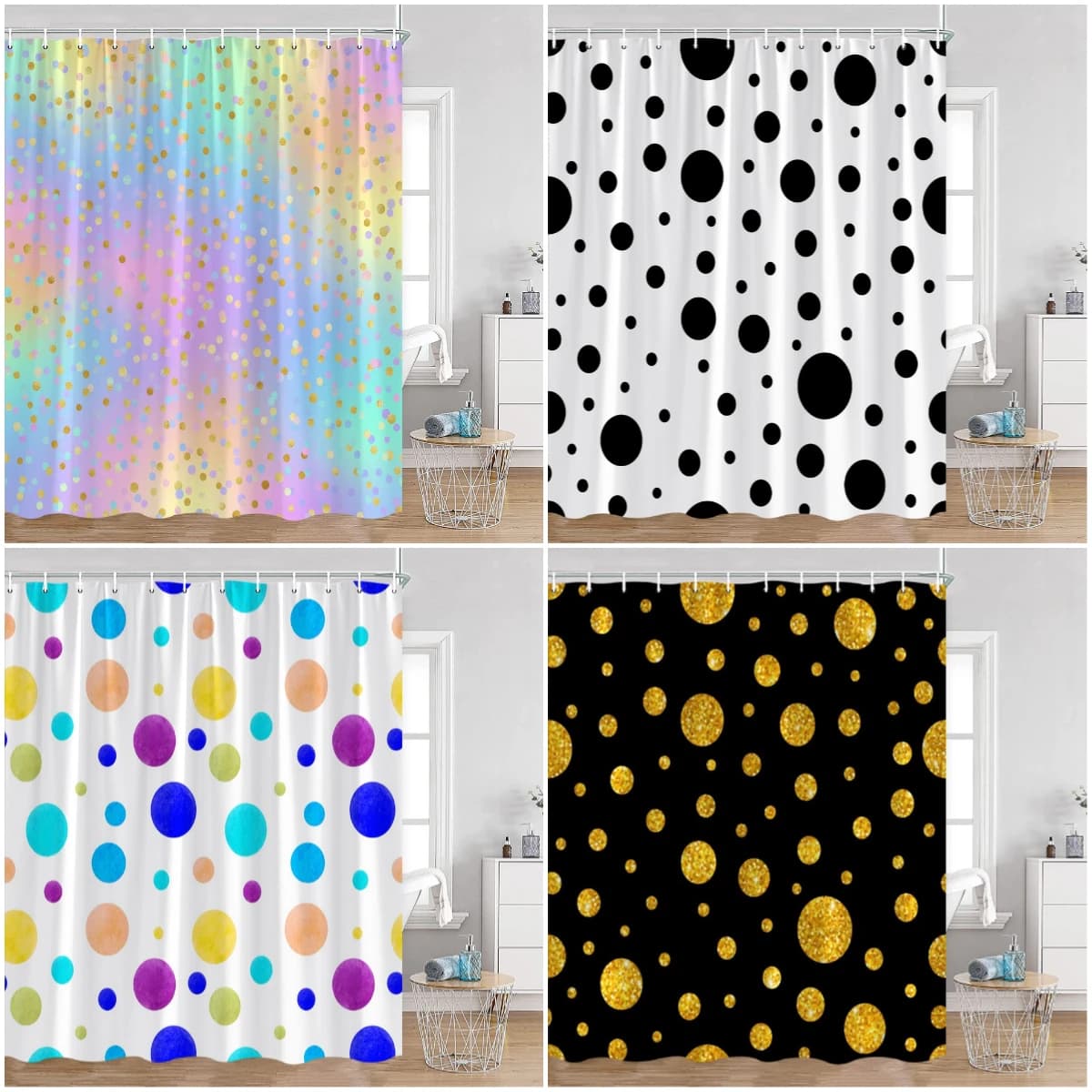 Tende da doccia con punti astratti, decorazioni per il bagno con granito colorato, design geometrico creativo, tende da bagno artistiche ed estetiche con ganci