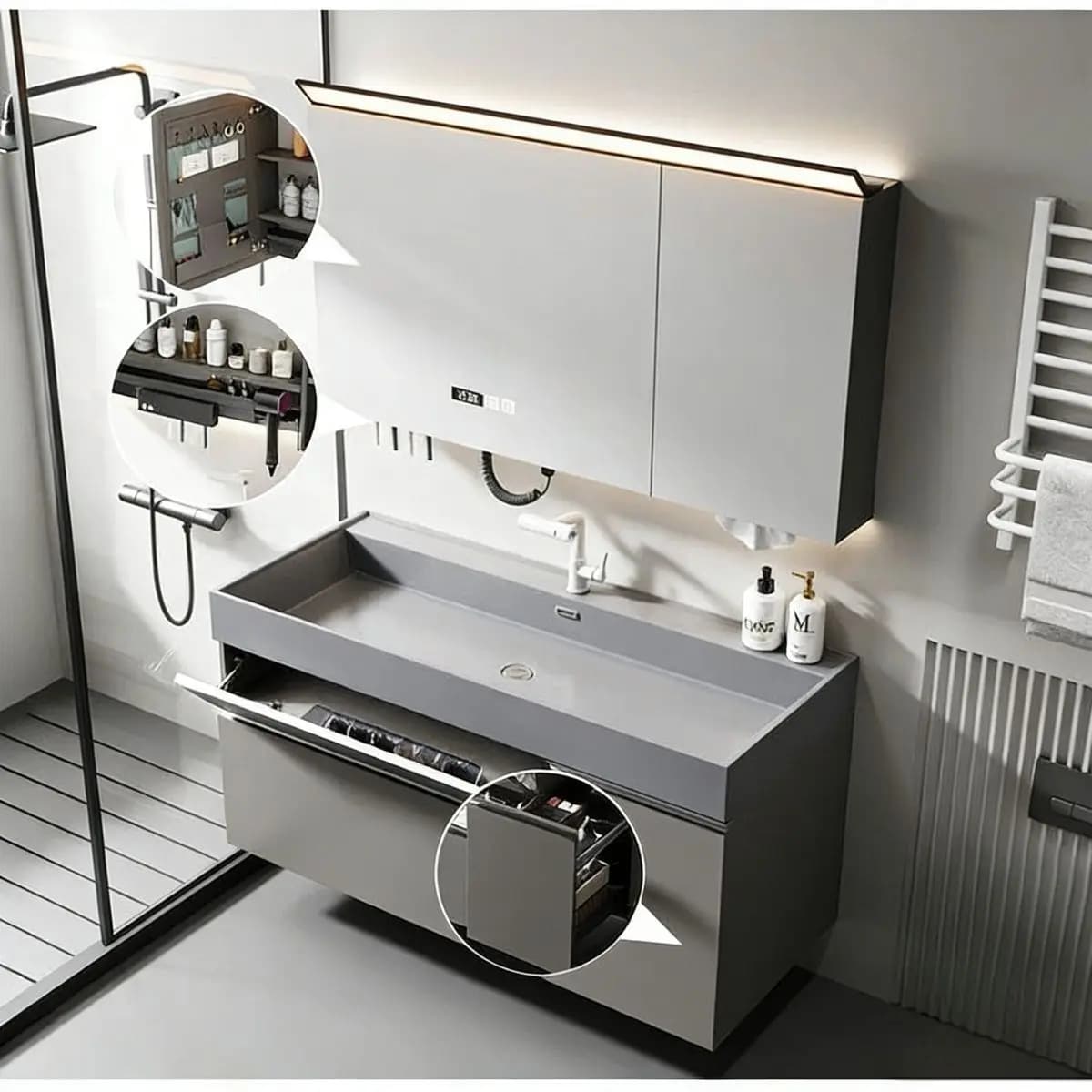 Mobile bagno multifunzionale con lavabo in ceramica, cestello estraibile e specchio intelligente integrato