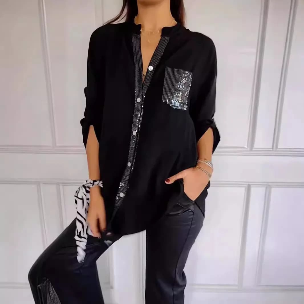 Black Blouse 3/4 Sleeve Solid Color Shirt Collar Blouses Sequin Pocket Oversized Fit Women's Blouse Teal Gray Button Up Blouse