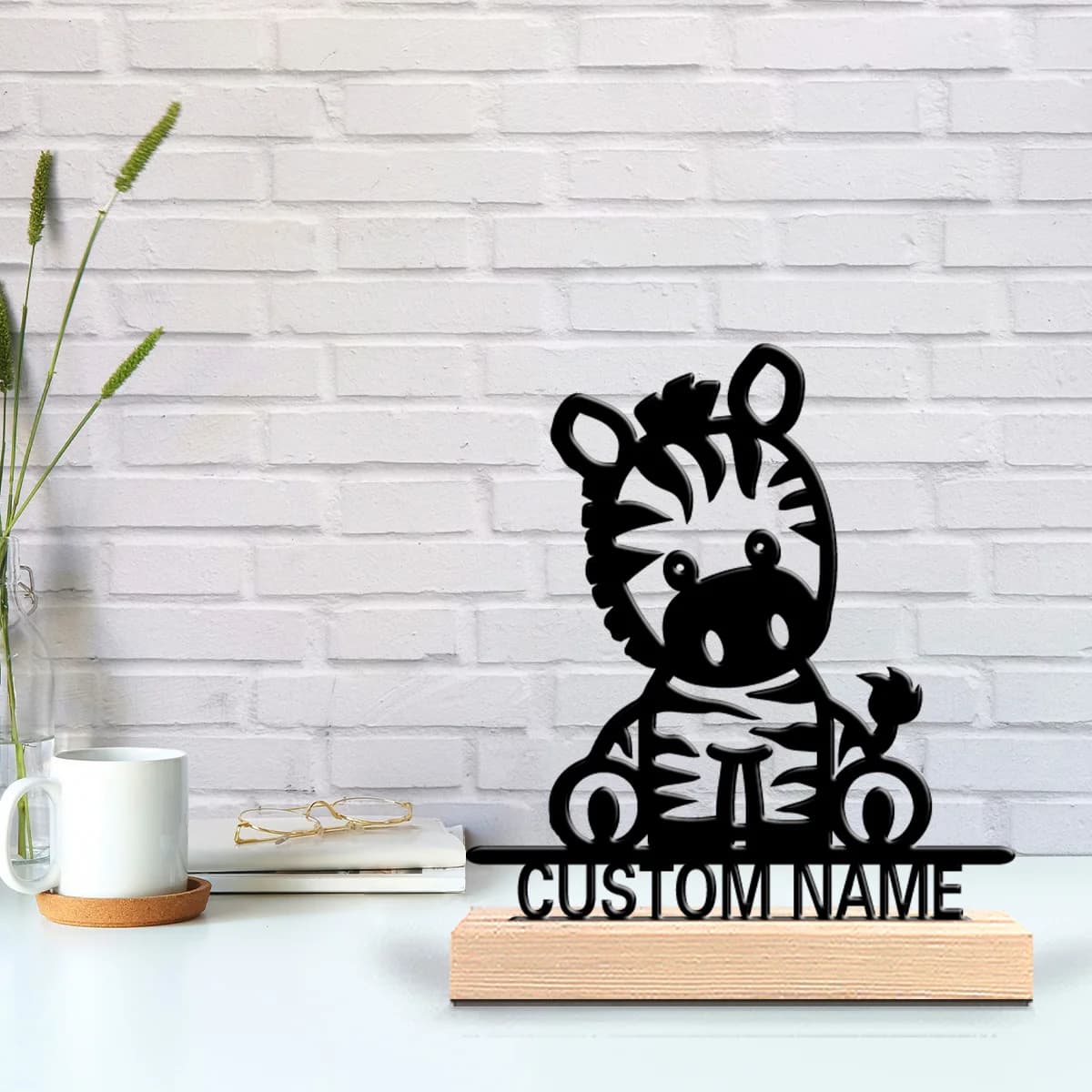 Statua in Metallo di Zebra Personalizzata con Base in Legno, Decorazione da Tavolo, Scultura di Zebra Cartoon