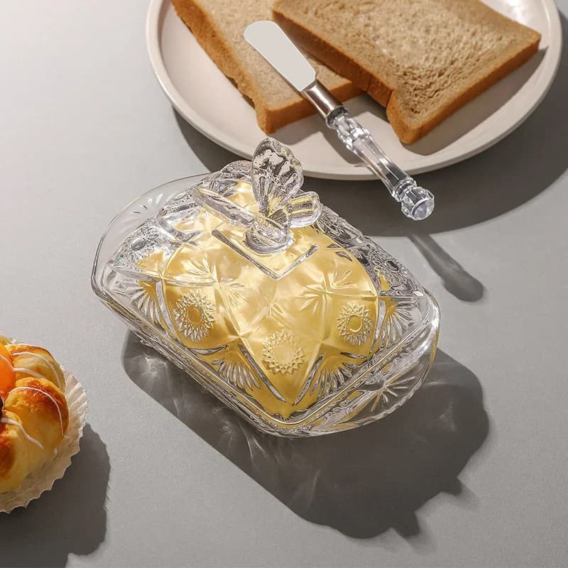 Creative New Glass Butterfly Pattern Butter Dish with Lid,Transparent Cake Cheese Dessert Plate with Knife Set,Kitchen Counter