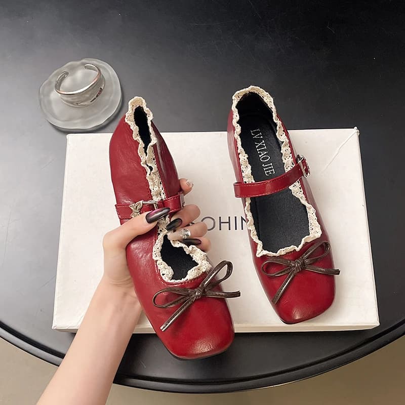 Scarpe Mary Jane con Punta Rotonda in Pizzo Francese, Nuove Belle Scarpe Casual con Fiocco