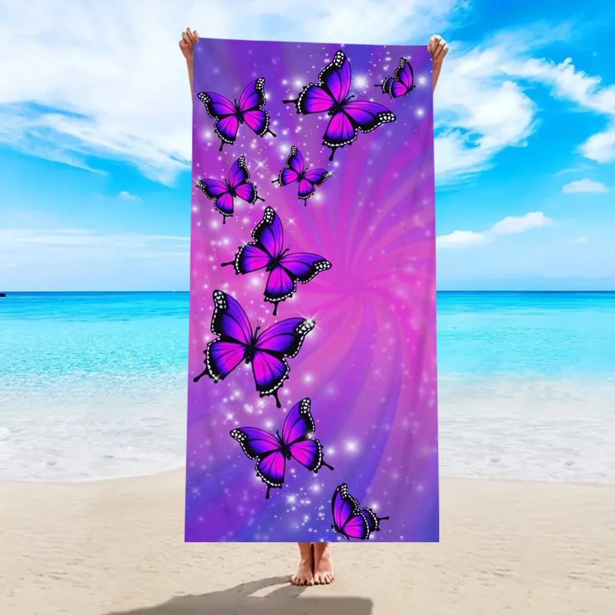 Asciugamano da spiaggia con farfalla viola, morbido in microfibra, ad asciugatura rapida, con stampa estetica a farfalla, per viaggi in spiaggia, piscina