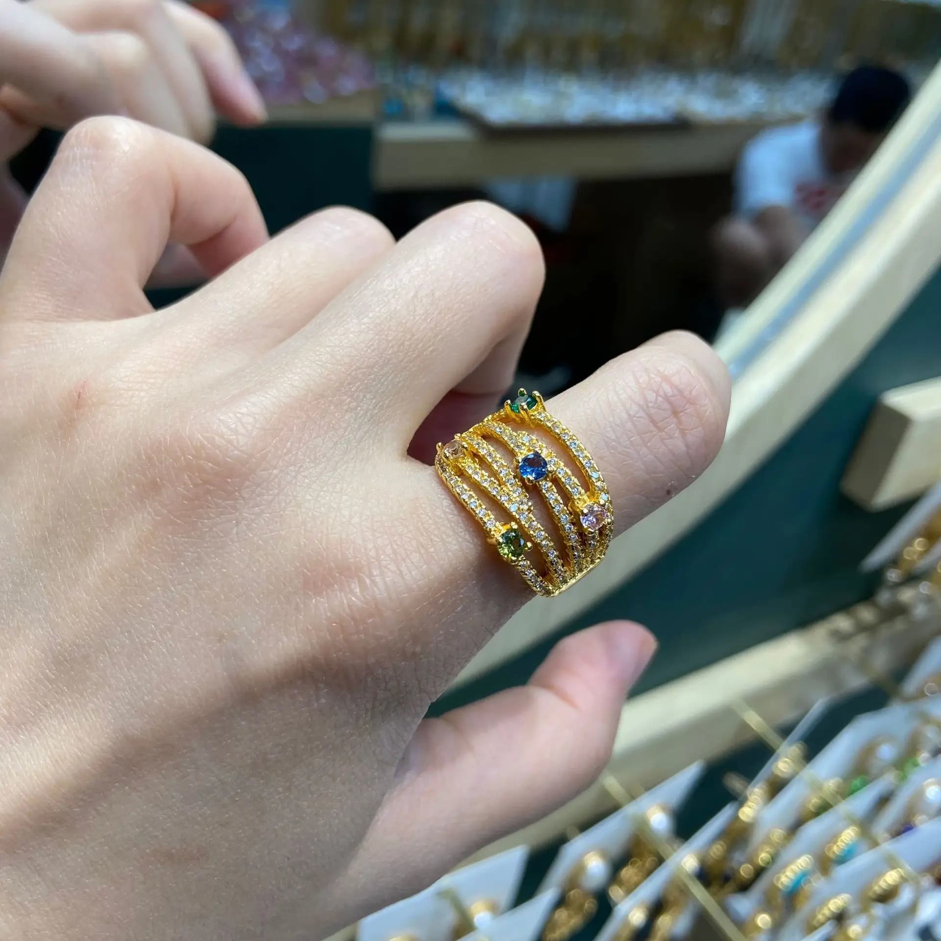 trendy opening ring for women jewelry shiny zirconia metal gold color ring adjustable