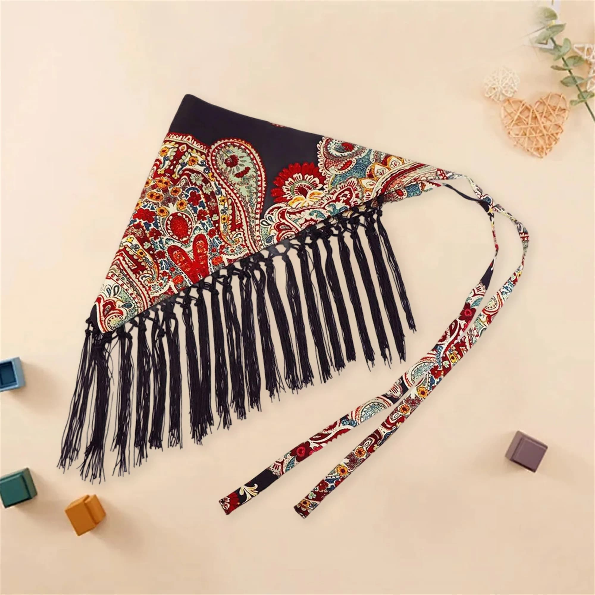 Long waist scarf skirt with tassels and floral print by woman with adjustable layering for Boho style
