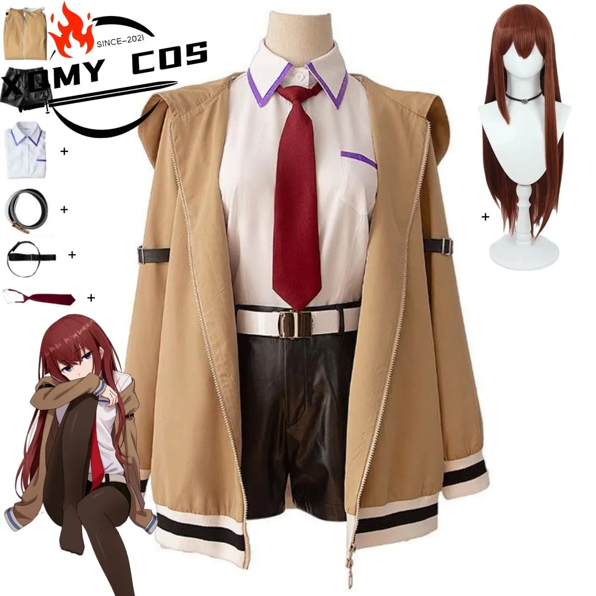 XqGame Steins Gate Makise Kurisu Christina Costume Cosplay Coat Hooded Shirt Shorts Jumpsuit Woman Carnival Halloween Dress