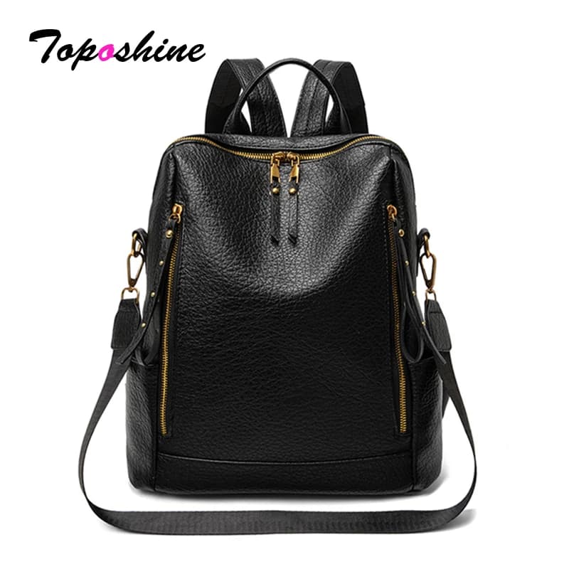 Zaino in Pelle PU Toposhine per Donne, Borsa a Tracolla Nera alla Moda con Tasche con Cerniera, Zaino Convertibile a Tracolla per Viaggi