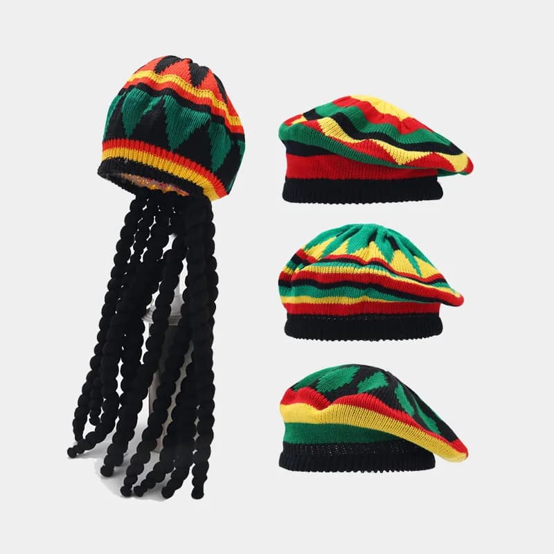 Trendy Unisex Knit Braid Hat Jamaican Bob Rasta Beanie Cap Hip Hop Cap Men Dreadlocks Wig Bob Marley Caribbean Funny Headwear