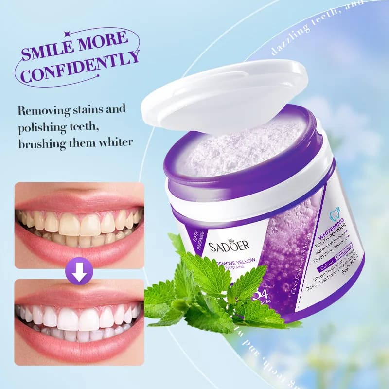 La polvere dentifricia rimuove efficacemente le macchie gialle, sbianca i denti, rimuove rapidamente il tartaro, l'alito cattivo, lo sporco e pulisce i denti.