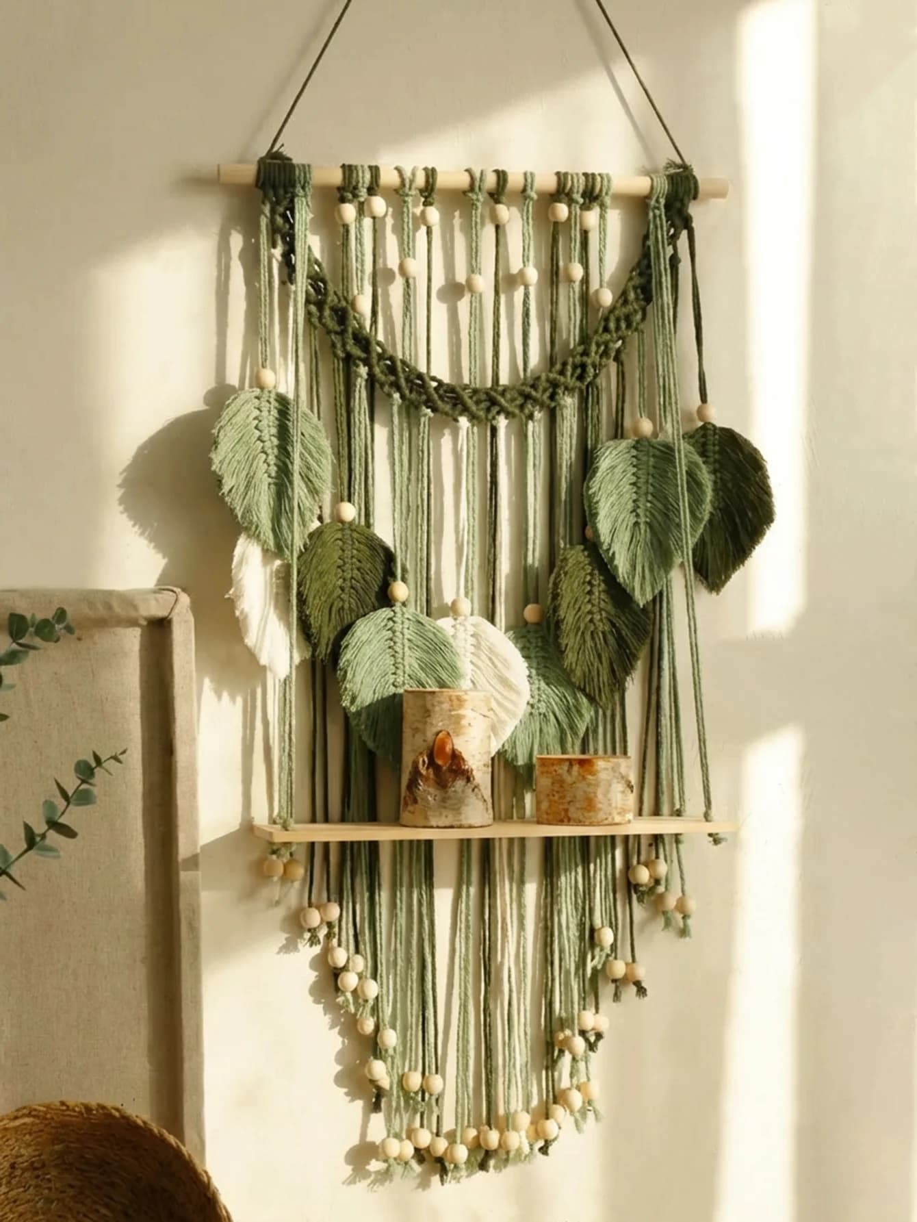 Boho Macrame Wall Hanging Shelf Green Leaf Tapestry Wood Floating Rack Wall Decor for Bedroom Nursery Home Wall Art Display Gift