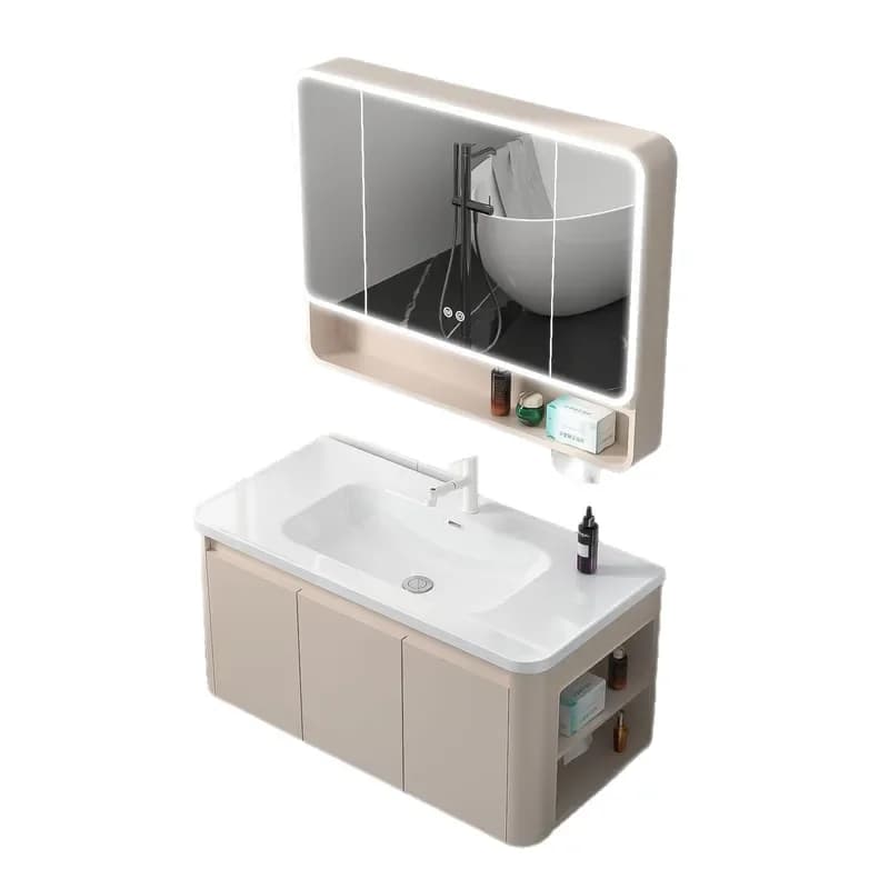 Cream Honeycomb Aluminum Bathroom Vanity with Ceramic Integrated Basin Mirror Paper Holder Modern Wall Mounted Cabinet