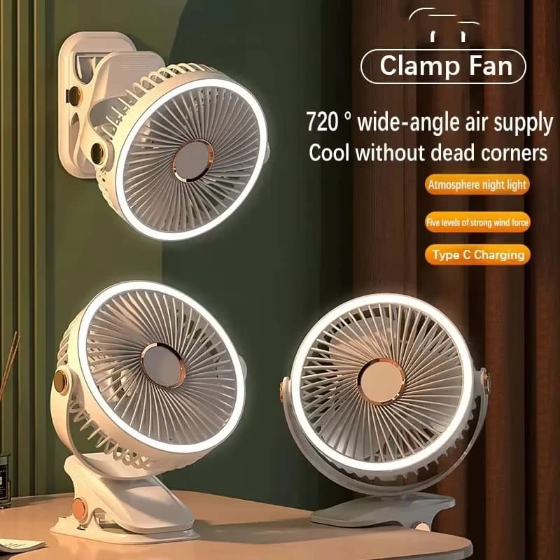 Ventilatore da Campeggio Ricaricabile, Circolatore d'Aria Portatile da Tavolo, Ventilatore Elettrico da Soffitto Senza Fili con Luce LED, Ventilatore Domestico con Clip 8000mAh