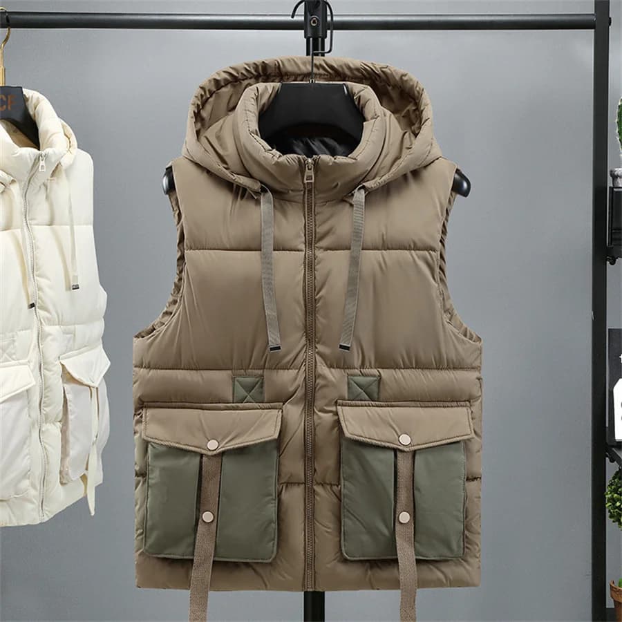 Gilet con cappuccio da uomo autunno inverno 2025 Nuova cerniera Gilet caldo con colletto alla coreana Giacca senza maniche imbottita in cotone maschile con grande tasca