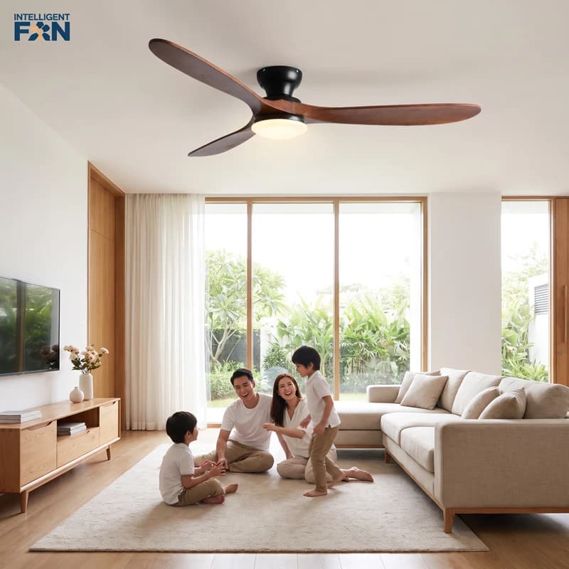 Ventilatore da soffitto a basso profilo da 42/52 pollici con luce a LED e telecomando, per interni, ristoranti, con pale in legno massello e lampadario integrato