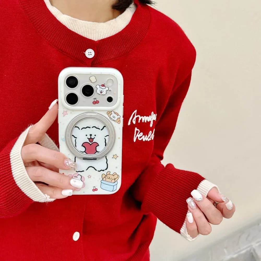 Custodia Protettiva Antiurto per iPhone 17 15 16 Pro Max con Supporto Girevole a 360 Gradi a Forma di Cuore e Cane Carino