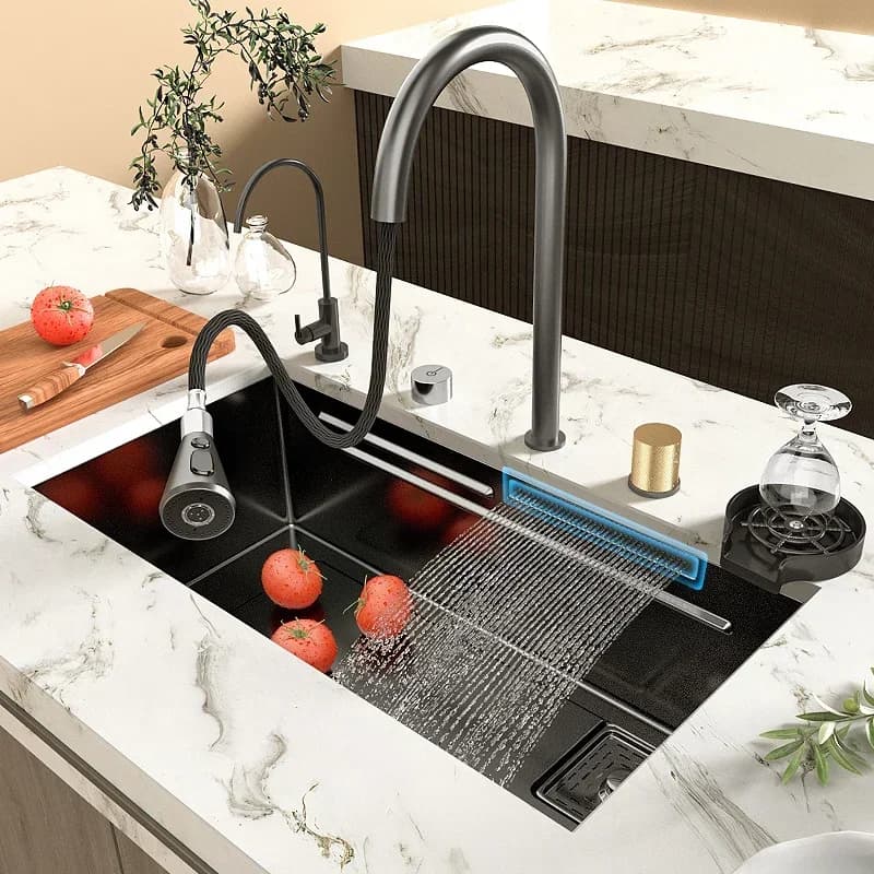 304 stainless steel kitchen sink with cascading faucet, large single tank, black basin with top/down mounting with cutting board