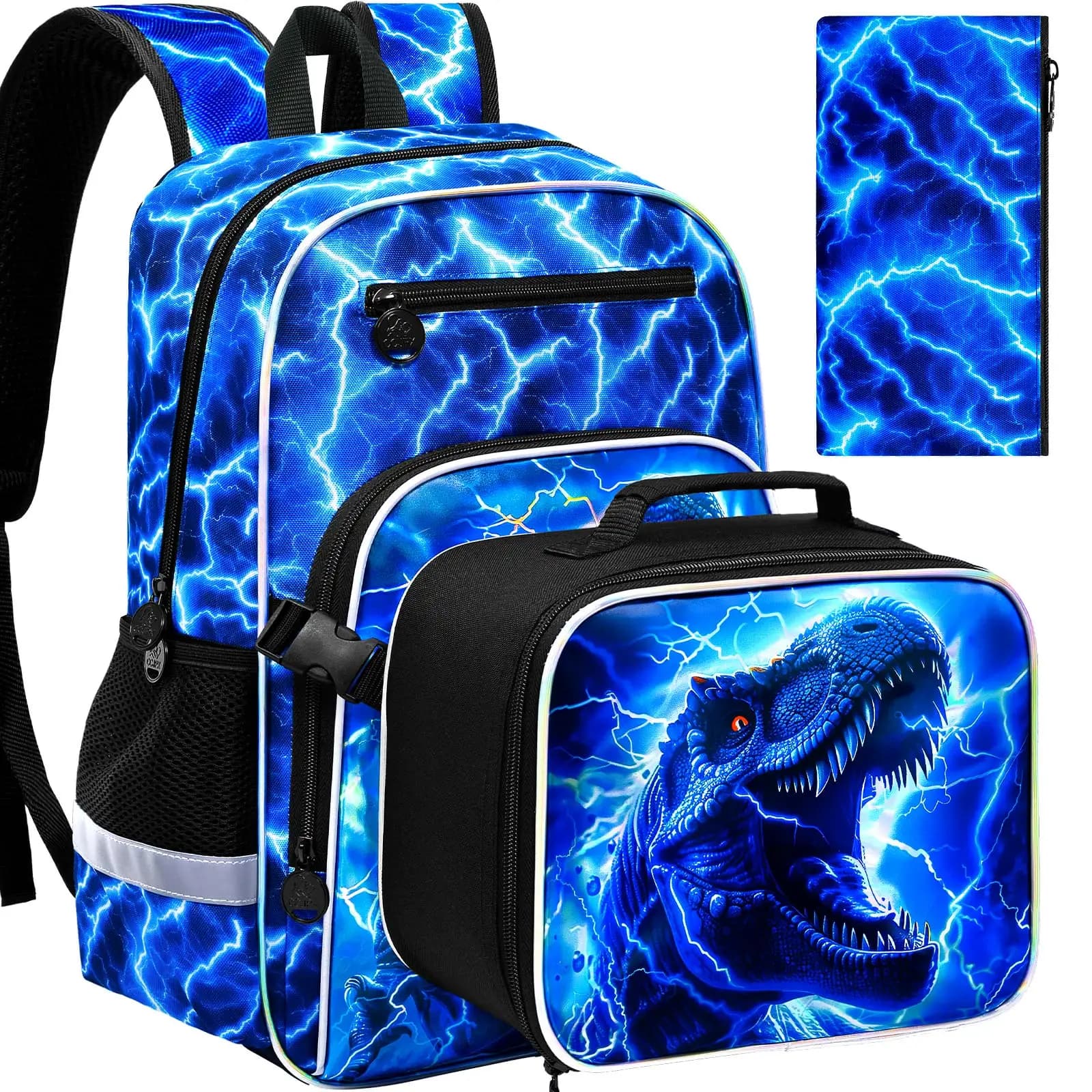 Zaino Lightning Dinosaur per ragazzi, set di 3 zaini per bambini con portapranzo con clip, borsa da scuola resistente all'acqua da 17 pollici per Elementar
