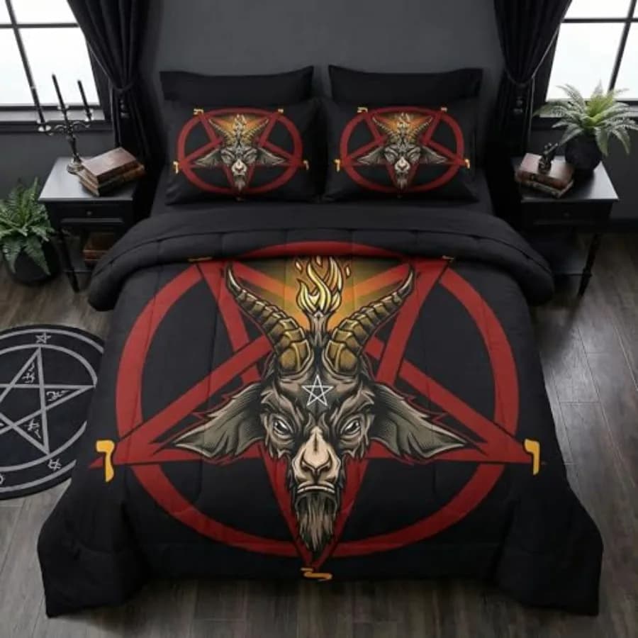 Set Copripiumino, Pentagramma Rosso Baphomet 7 Pezzi, Biancheria da Letto per Adulti, Set Lenzuola Vintage Halloween con Capra Nera