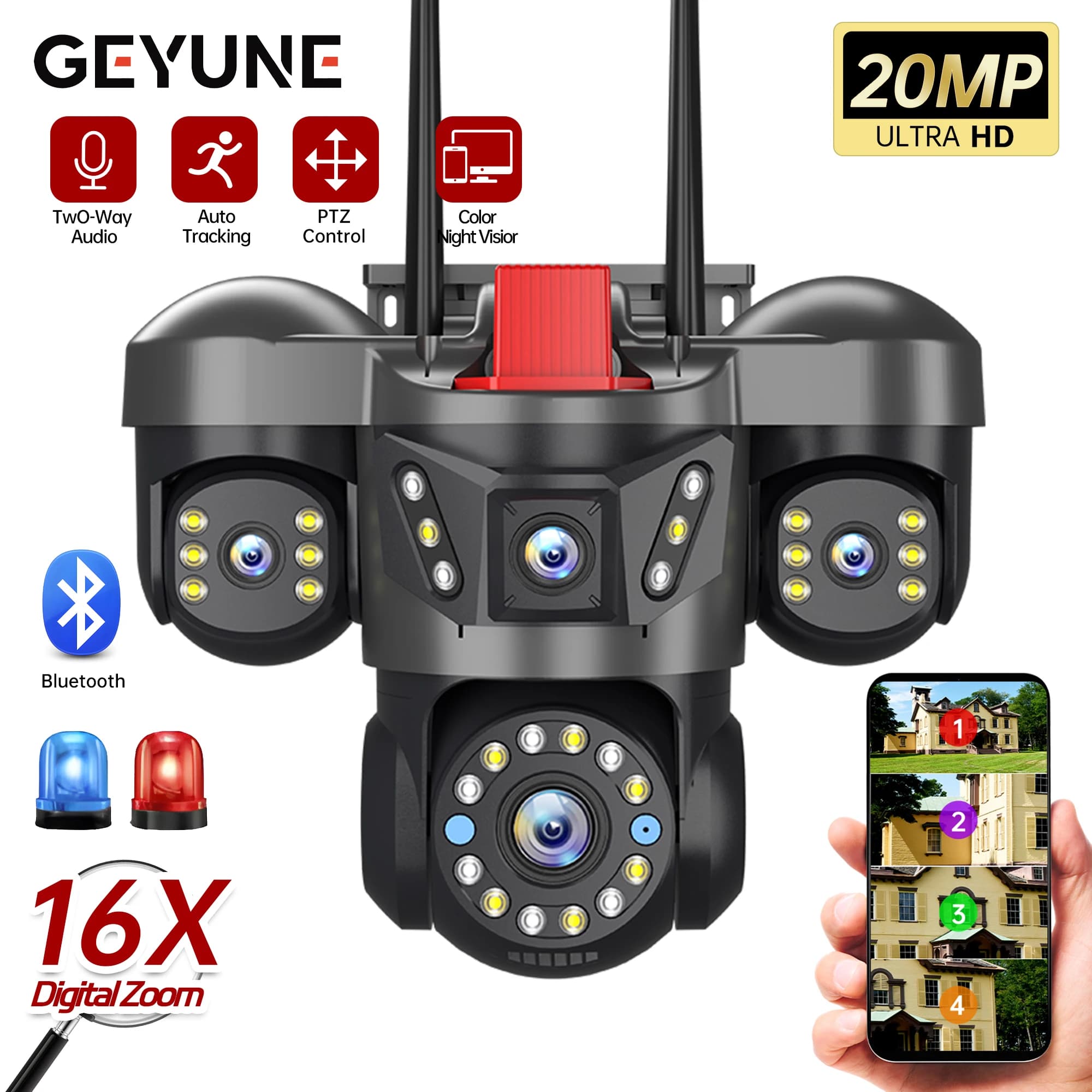 Outdoor WiFi IP camera UHD 10K 20MP Zoom 16X 4 lenses 4 screens Ai Automatic Monitoring Security Video surveillance PTZ