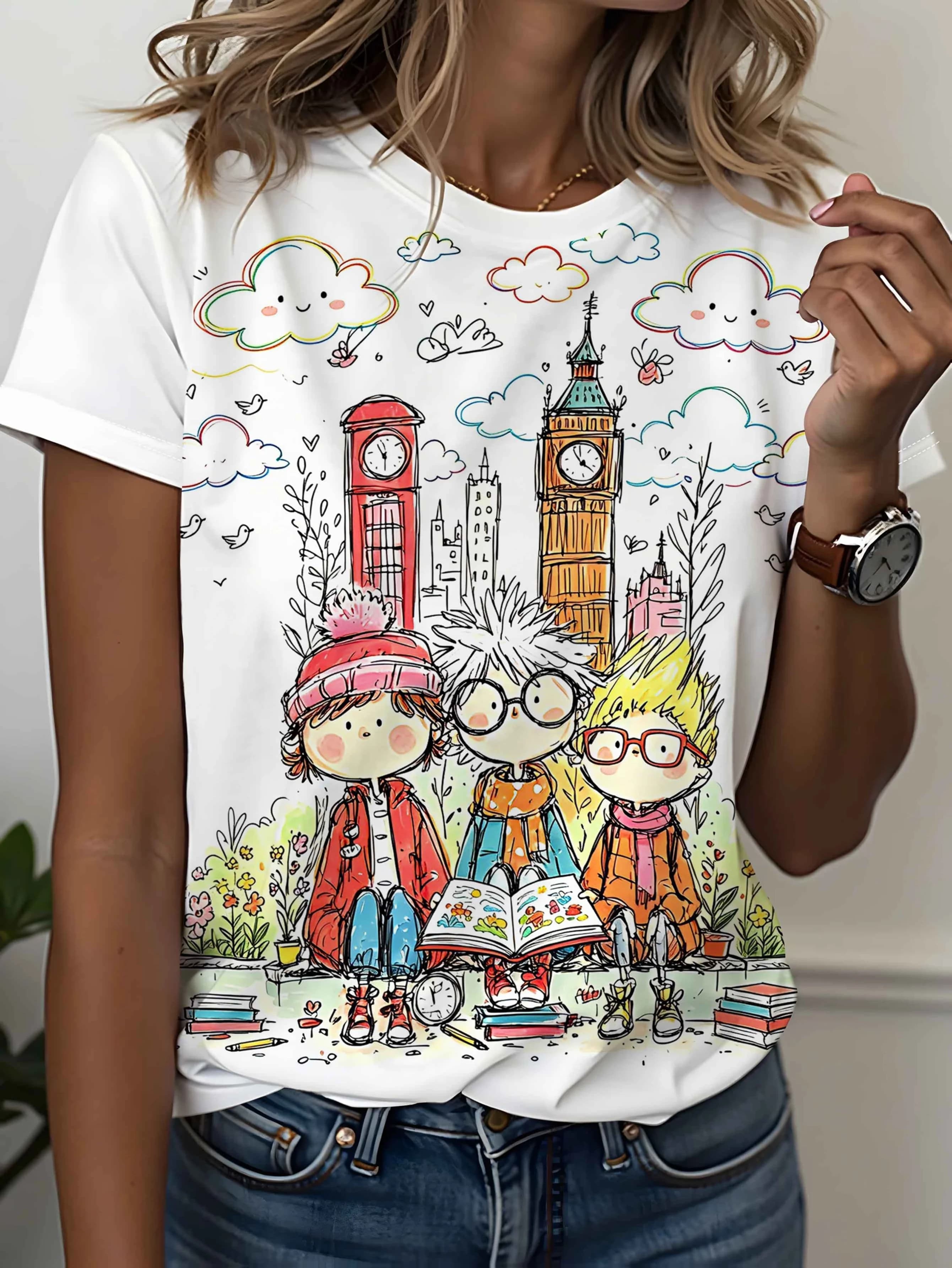 Cute Doodle London Scene Women T‑Shirt, Cartoon Kids Reading Book Cloud Floral Sketch Graphic Short Sleeve Crew Neck Fashion Top