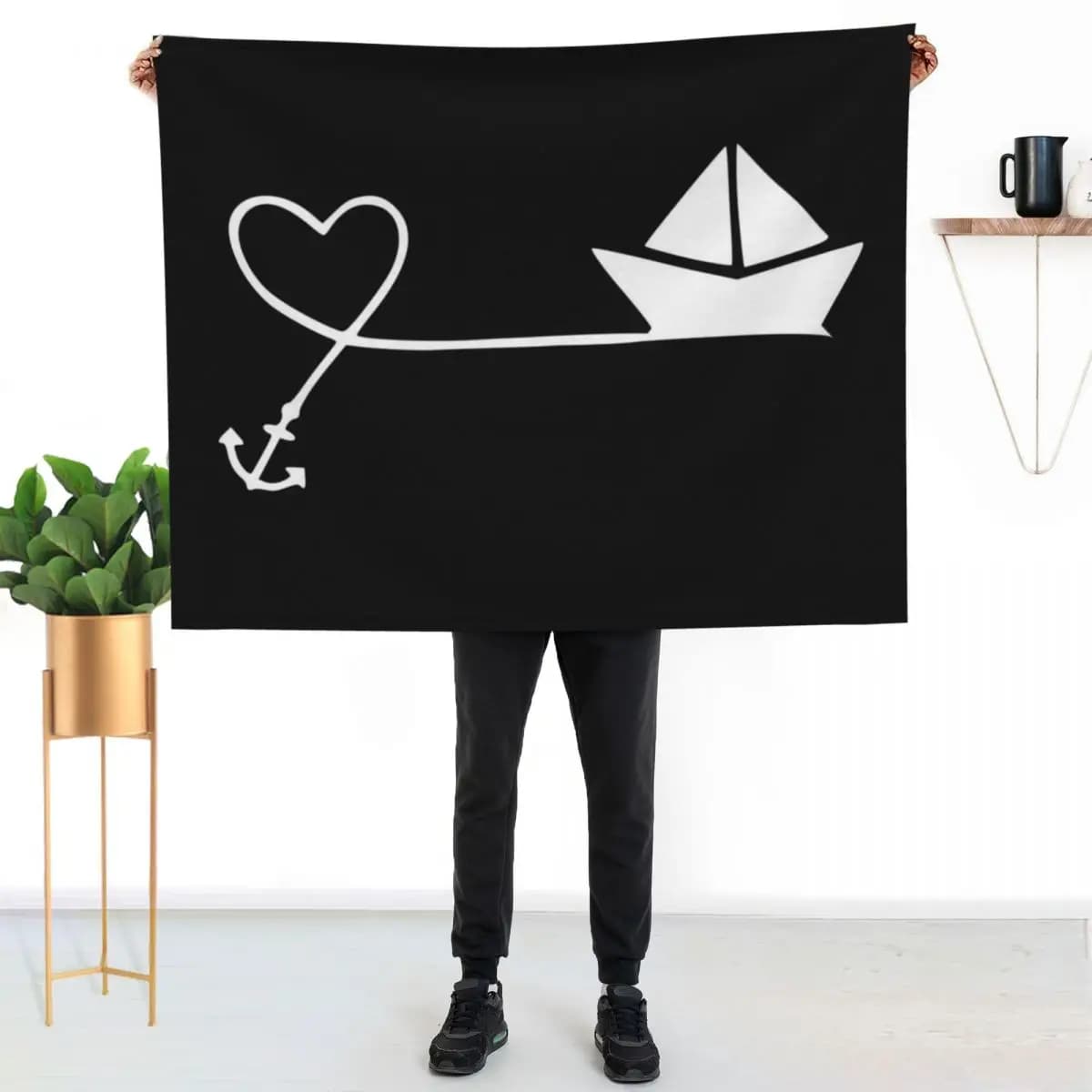 Coperta con motivo a cuore e ancora, resistente alle macchie, calda e confortevole