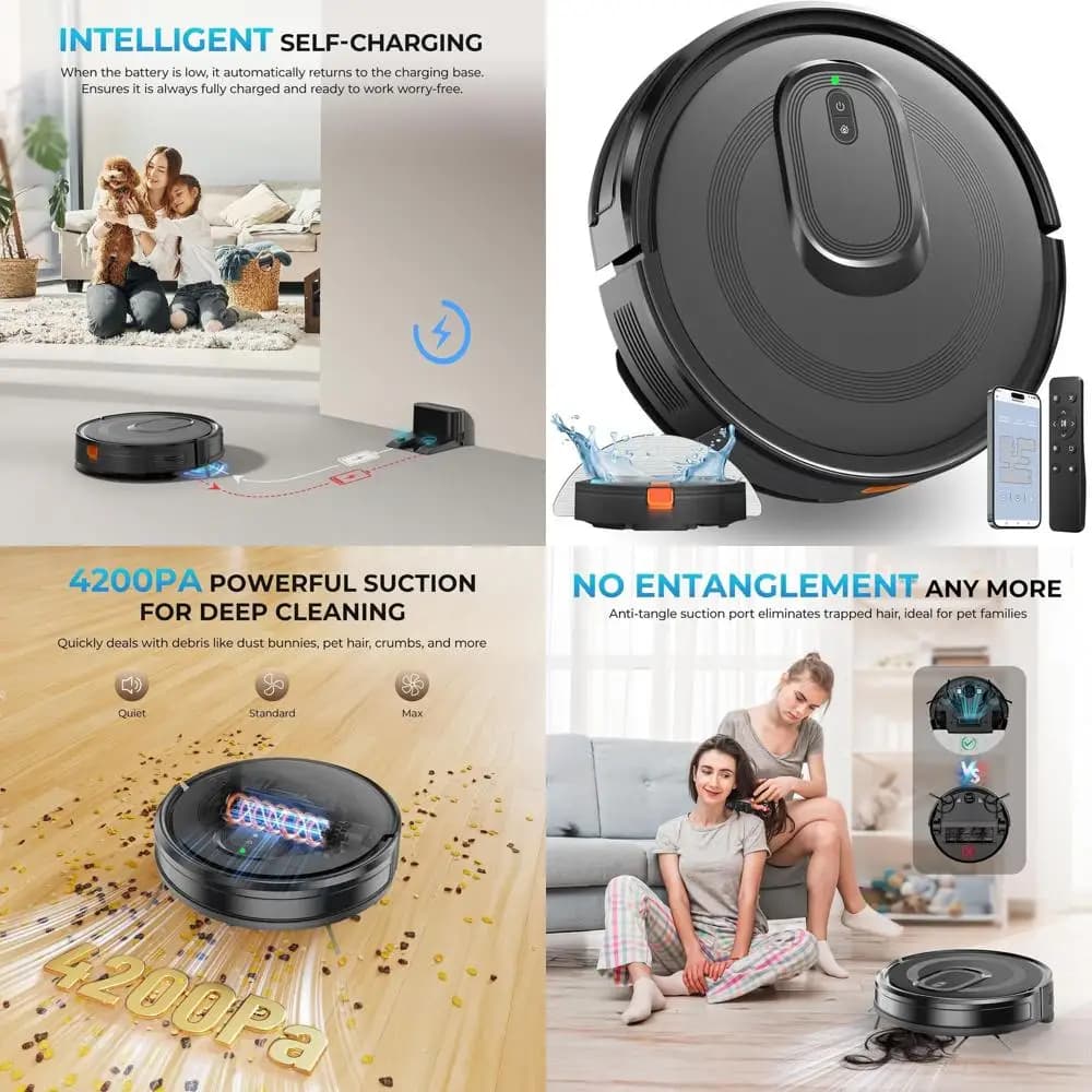 Robot aspirapolvere e scopa 2 in 1, aspirazione 4200 Pa, pulizia multisuperficie, evitamento ostacoli, ricarica automatica, facile da usare, app e voce